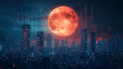 Futuristic Cityscape Under a Glowing Red Moon