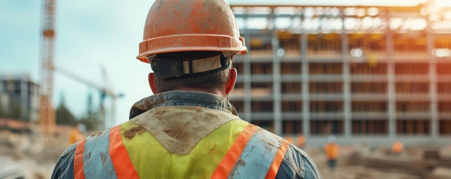 workers close up back construction concept. Construction worker observing a building site during sunset.