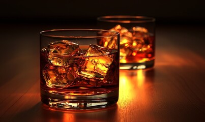 Two whiskey glasses with ice on a warm, dimly lit wooden table