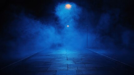 Mysterious Street Scene in Blue Fog with Neon Light and Dramatic Shadows