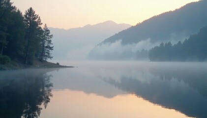 Fototapeta premium Misty morning fog rises from the lake's surface, calm, reflective, stillness