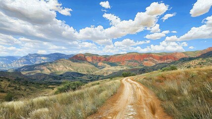Scenic Dirt Road in Colorful Mountain Landscape Under Blue Sky with Fluffy Clouds and Green Vegetation