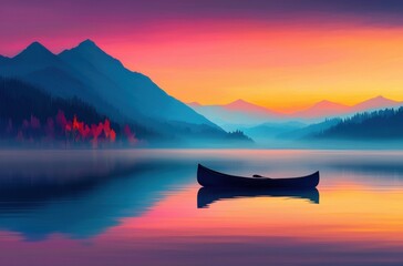 Tranquil Lake Surrounded By Majestic Mountains With A Colorful Sunset Reflecting On The Water Surface