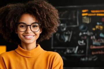 A teacher smiling proudly as they stand in front of a chalkboard filled with lesson notes, surrounded by enthusiastic students