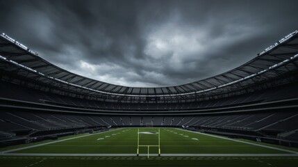 Empty football stadium under dramatic sky, showcasing solitude and anticipation in sports, symbolizing moments of pause before the roar of the crowd returns.