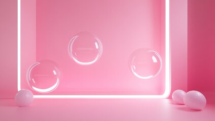 Floating Bubbles in Pink Room: Minimalist 3D Render, Abstract Design, Geometric Shapes, Soft Pastel Colors, Smooth Surface, Light and Shadow, Modern Art