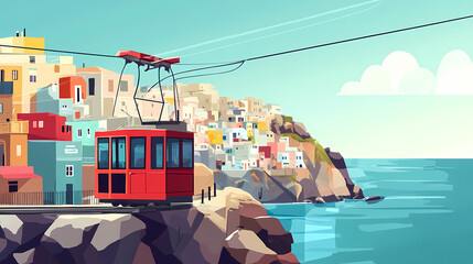 Obraz premium Cable car: harbor to fira on rocks. Electric Harbor. Illustration