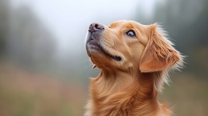 Golden Retriever looks up, autumn woods, misty background, pet portrait