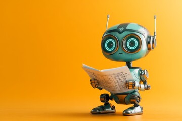 A vibrant 3D-rendered illustration of a robot holding a blueprint upside down, with cartoonishly confused eyes displayed on its digital screen face