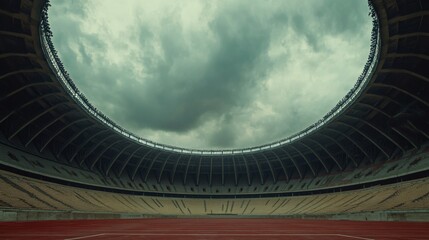 Fototapeta premium Empty football stadium under dramatic sky, showcasing solitude and anticipation in sports, symbolizing moments of pause before the roar of the crowd returns.