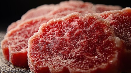 Close-up of seasoned raw beef slices on dark surface.  Background features dimly lit. Culinary Use