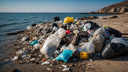 A pile of trash abandoned on the sea. serious environmental pollution. environmental pollution, Generative AI.