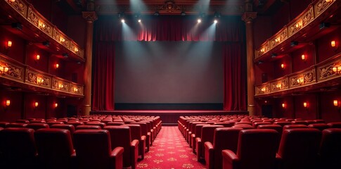 A grand theater interior with red seats and stage lights illuminating the performance area.