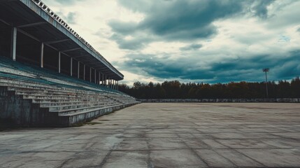 Obraz premium Empty football stadium under dramatic sky, showcasing solitude and anticipation in sports, symbolizing moments of pause before the roar of the crowd returns.
