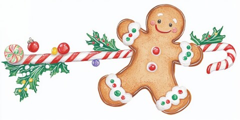 Gingerbread cookie smiles cheerfully beside candy cane and festive decorations during the holiday season