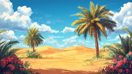 Enchanting anime-style desert sands: a magical anime landscape for gaming art and fantasy themed wallpapers,anime style. Enchanted Oasis. Illustration