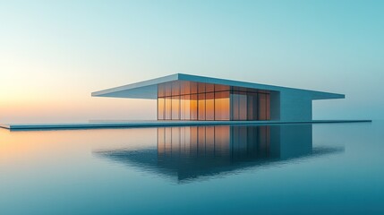 Fototapeta premium Modern Minimalist Pavilion Reflecting on Calm Waters at Sunset