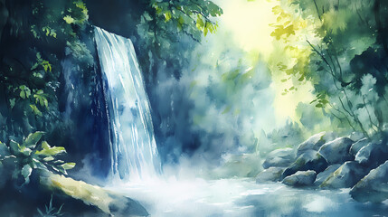 Ethereal watercolor painting of a mystical enchanted waterfall, high-quality, ethereal allure, hidden oasis. Enchanted Oasis. Illustration