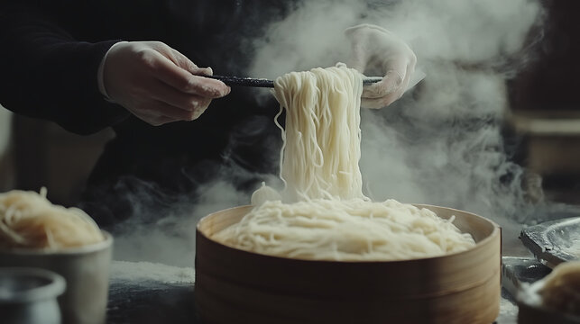 A person making traditional Chinese noodles.