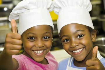 Two young girls in chef hats smiling and giving thumbs up in a kitchen setting
