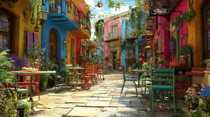 Fototapeta premium Vibrant Colorful Street with Bright Buildings and Outdoor Café Seating in a Lively Urban Area