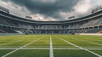 Empty football stadium under dramatic sky, showcasing solitude and anticipation in sports, symbolizing moments of pause before the roar of the crowd returns.