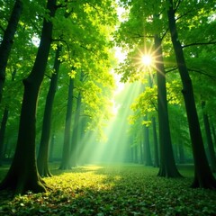 Obraz premium Dappled sunlight filtering through leafy branches overhead, leafy, verdant, trees