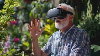 Senior man uses VR headset outdoors, garden background, exploring virtual world