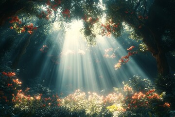 Obraz premium Enchanted Forest: Sunlight Piercing Through Lush Greenery in a Serene Woodland Paradise, Nature's Radiance