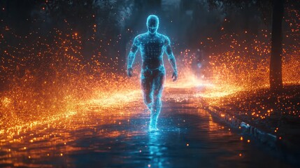 Naklejka premium Digital Man Walking Through a Fiery Night