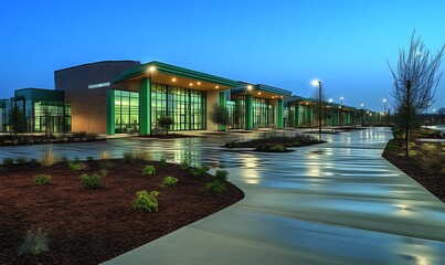 Modern Green Building Exterior at Dusk Evening Architecture