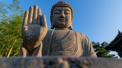 Fototapeta premium Serene Buddha statue, temple garden, peaceful background, meditation imagery