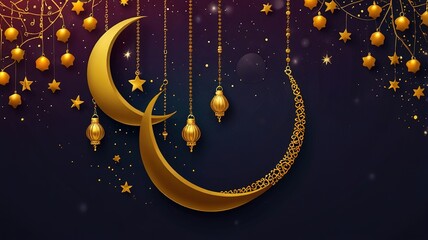 Ramadan moon decor with Islamic rosary beads and dates fruit.