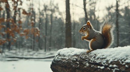 Fototapeta premium A squirrel is sitting on a log in the snow