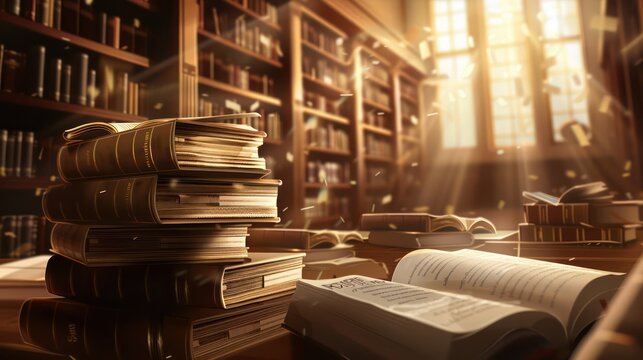 A stack of open and closed books with realistic textures, set in a library with soft light beams and bookshelves, symbolizing education and knowledge.