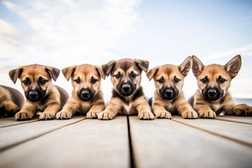 Obraz premium Five adorable puppies lying on a wooden deck with a clear sky in the background during daylight hours