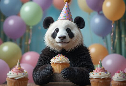 A cute panda wearing a party hat enjoys cupcakes surrounded by pastel-colored balloons.