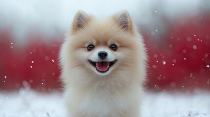 Obraz premium Happy Pomeranian puppy in snowy winter wonderland