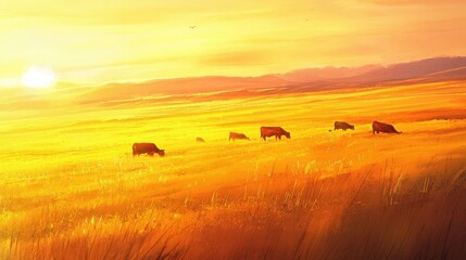 Obraz premium A herd of cows are grazing in a field with a sun in the background