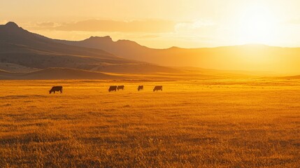 Obraz premium A herd of cows are grazing in a field with a beautiful sunset in the background