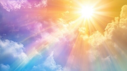 Vibrant pastel sky, sun rays, and rainbow hues. Ideal for backgrounds, spiritual themes, or hope/peace concepts.