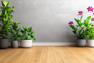 Fototapeta premium Indoor room filled with various green plants arranged against a neutral wall background