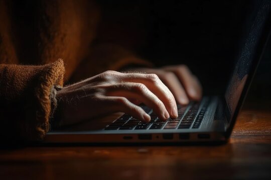 Hacker Typing on Laptop in Shadows and Light