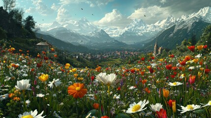 Fototapeta premium Lush Spring Landscape with Colorful Wildflowers Against Majestic Snow-Capped Mountains and Clear Blue Sky