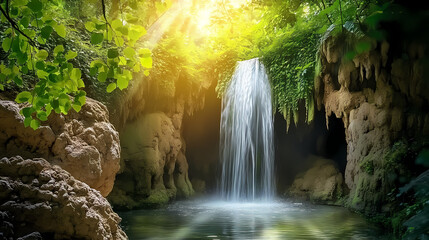 A magical grotto with a shimmering waterfall, surrounded by lush greenery and bathing in soft sunlight, creating an ethereal oasis of peace. Enchanted Oasis. Illustration