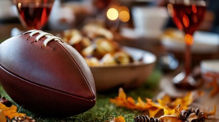 A football is on a table with a bowl of potatoes and a wine glass