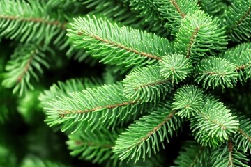 Close up image of a green fir tree showing needles and branches in natural light