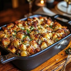 A black casserole dish filled with breaded food and cheese