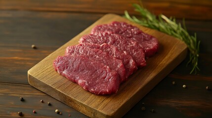4 raw steaks on a wooden board, top view, product photography, studio lighting, grey background.