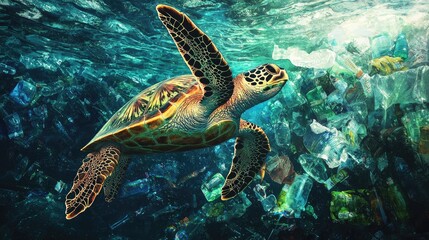 Fototapeta premium Ocean's Cry with Sea Turtle's Plea Amidst Plastic Pollution